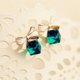 Gold Color Bowknot Cube Crystal Earring Square bow Earrings