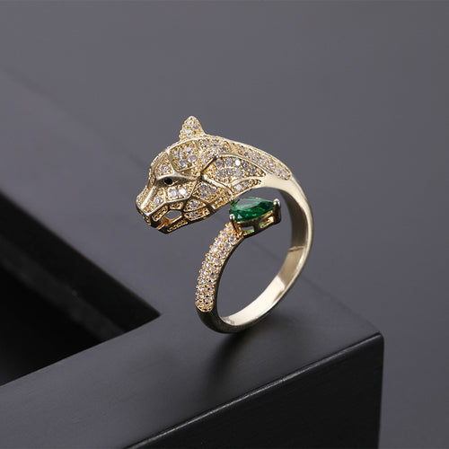 Fashion personality leopard head design gold zircon wedding ring