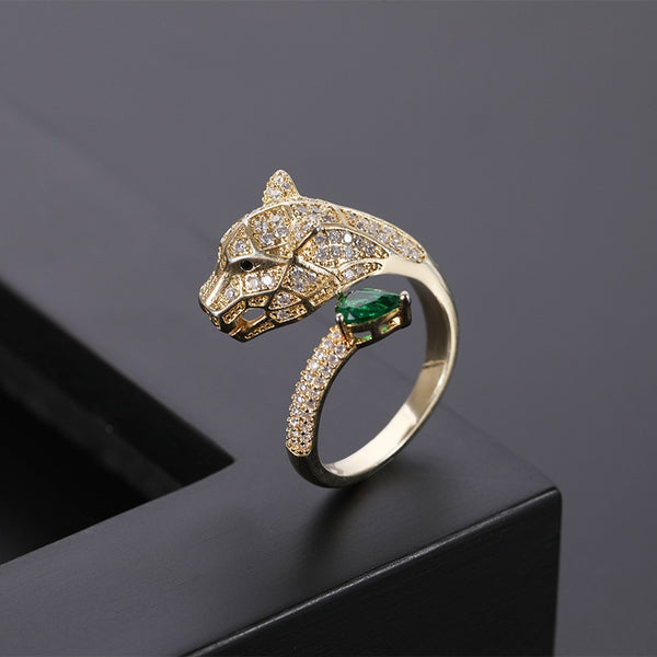 Fashion personality leopard head design gold zircon wedding ring