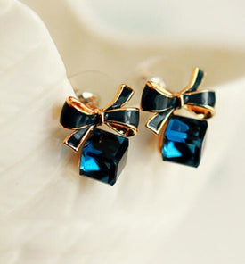Gold Color Bowknot Cube Crystal Earring Square bow Earrings