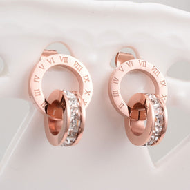 Hight Quality Titanium Steel Double Wound Roman Numerals Crystal Stud Earrings