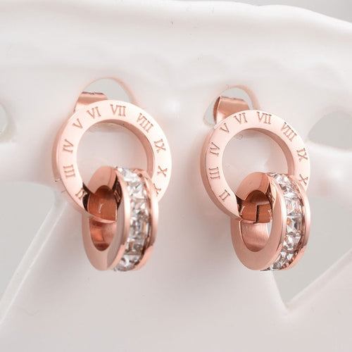 Hight Quality Titanium Steel Double Wound Roman Numerals Crystal Stud Earrings