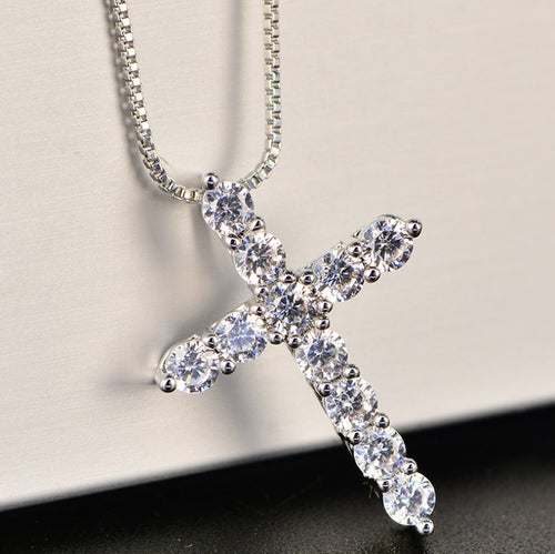 Lucky Female Cross Crystal Pendants silver colour Chain Necklaces