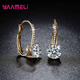 Exquisite Bright Crystal Gold Color 925 Sterling Silver Earrings