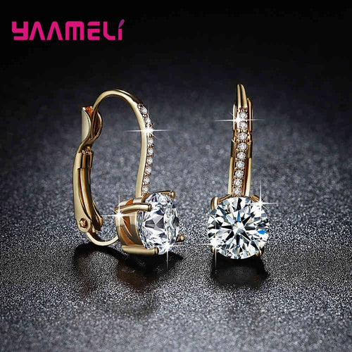 Exquisite Bright Crystal Gold Color 925 Sterling Silver Earrings