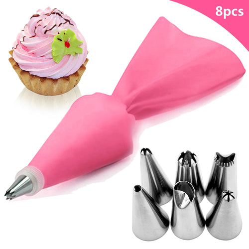 8PCS/bag Silicone Icing Piping Cream Pastry Bag + 6 Stainless Steel Cake Nozzle