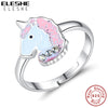 ELESHE 100% 925 Sterling Silver Finger Ring Pink Enamel Cute Unicorn Kids Ring
