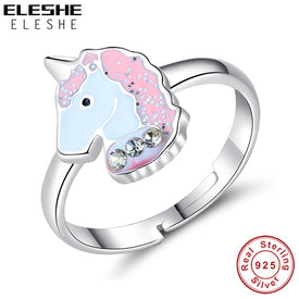 ELESHE 100% 925 Sterling Silver Finger Ring Pink Enamel Cute Unicorn Kids Ring