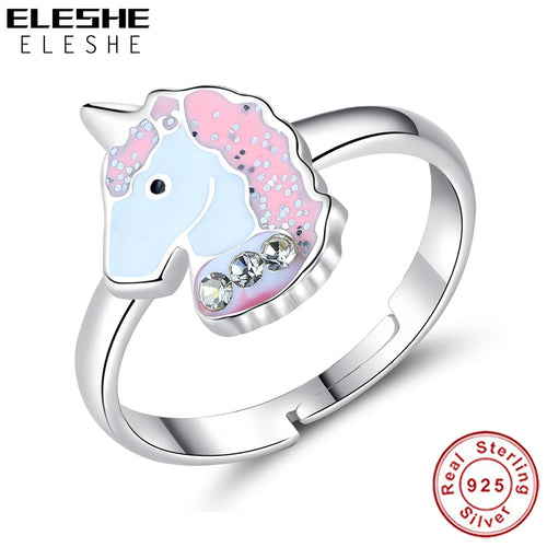 ELESHE 100% 925 Sterling Silver Finger Ring Pink Enamel Cute Unicorn Kids Ring
