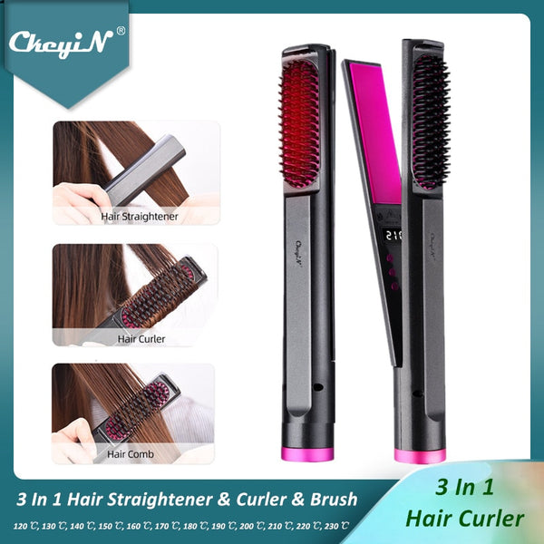 CkeyiN 3IN1 Hair Curler Straightener Brush Comb