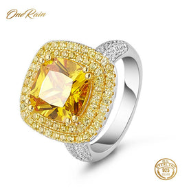 OneRain Luxury 100% 925 Sterling Silver Citrine Diamonds Wedding Engagement Ring